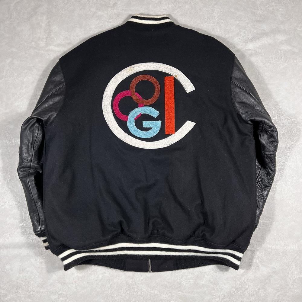 Vintage Coogi Varsity Jacket Size XXL Embroidered Black Wool Leather Full Zip
